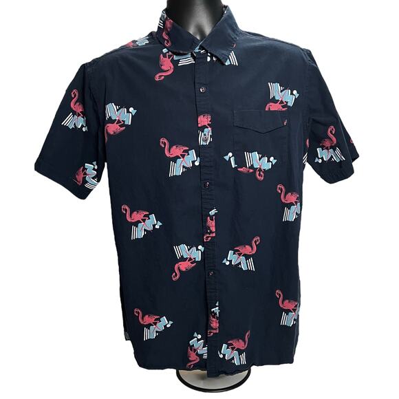 Flamingo Print XL Broken Threads Men’s Short Sleeve Button-Up Shirt Navy Blue - Picture 1 of 11
